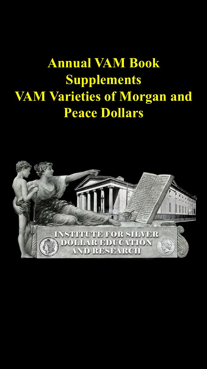 A coin display showing varieties of Morgan and Peace Dollars with classical imagery.