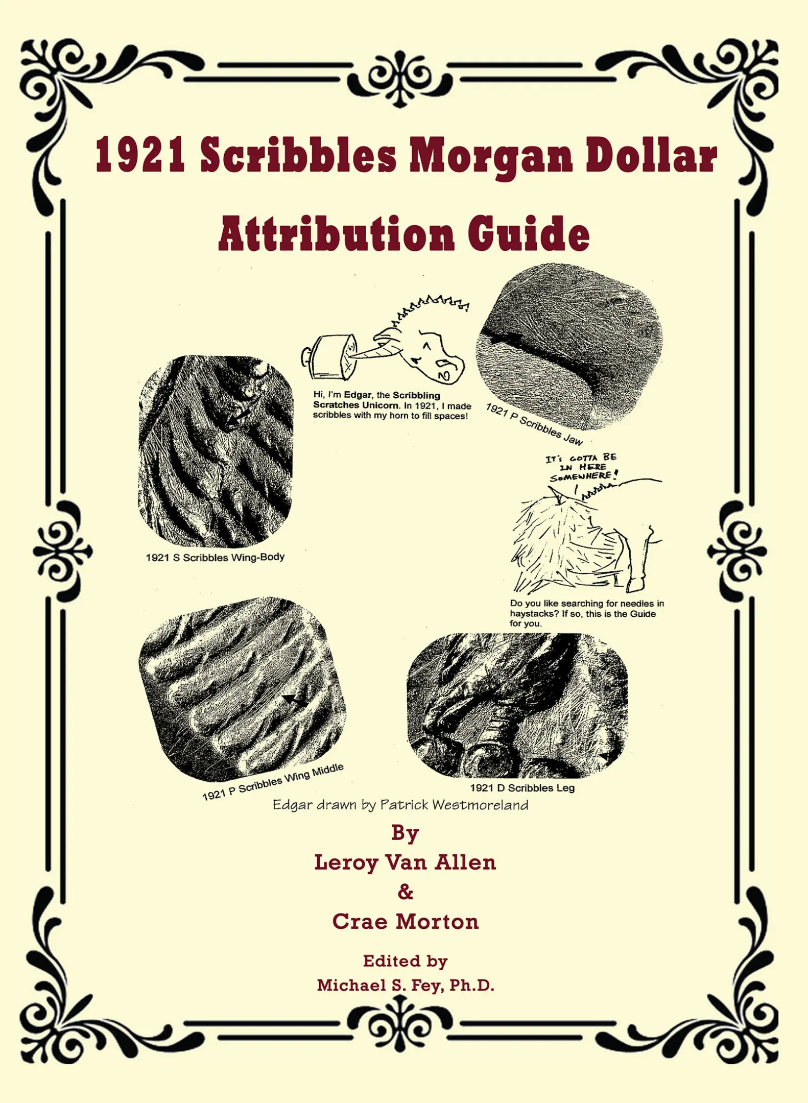 Images of prehistoric fossil imprints and sketches from 1921 Scribbles Morgan Dollar guide.