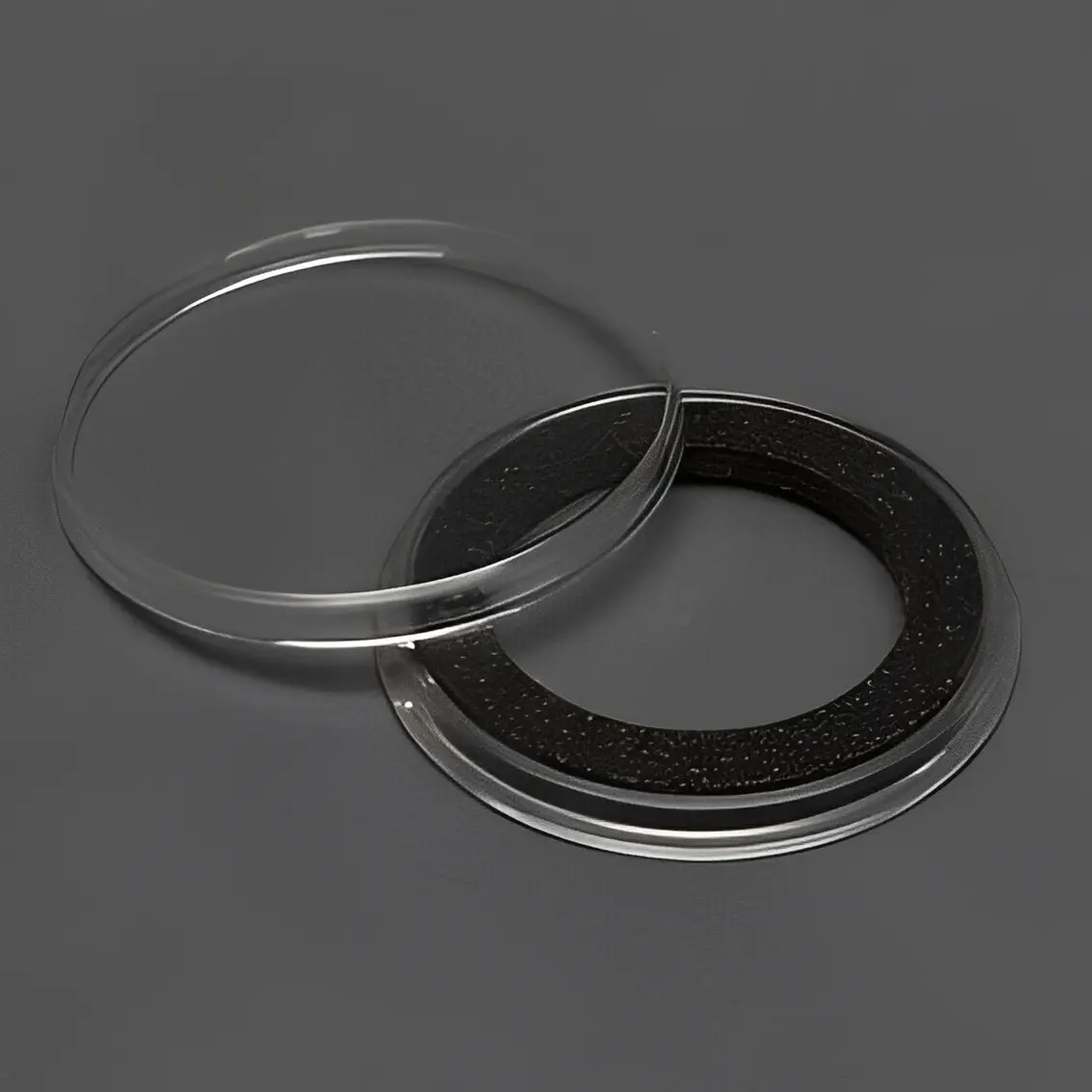 Clear lid with foam ring on gray background.