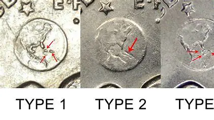 Three coin close-ups with different markings.