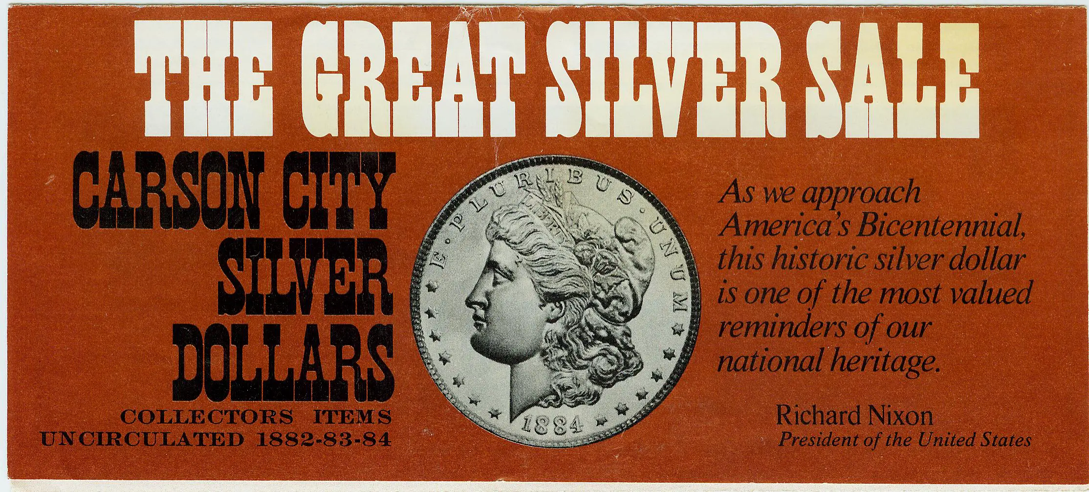 Silver dollar sale advertisement with coin image.