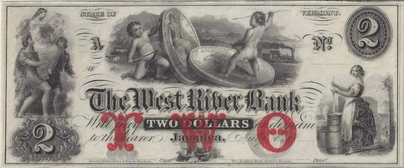 Vintage two-dollar banknote with decorative illustrations.