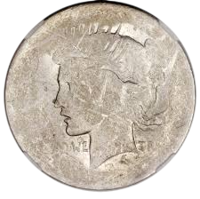 Worn silver coin with a profile of Liberty wearing a winged cap.