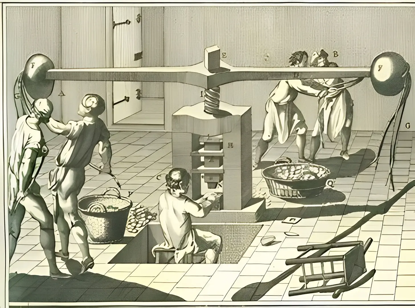 Historical illustration of a large wine press.