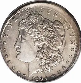 1894 Morgan silver dollar coin, detailed engraving.
