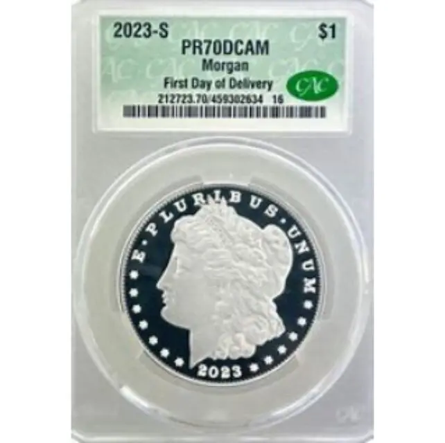 2023 Morgan silver dollar coin, graded PR70DCAM.