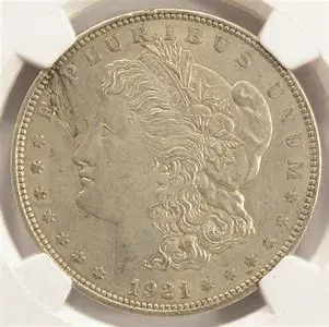 1921 Morgan dollar obverse in protective holder