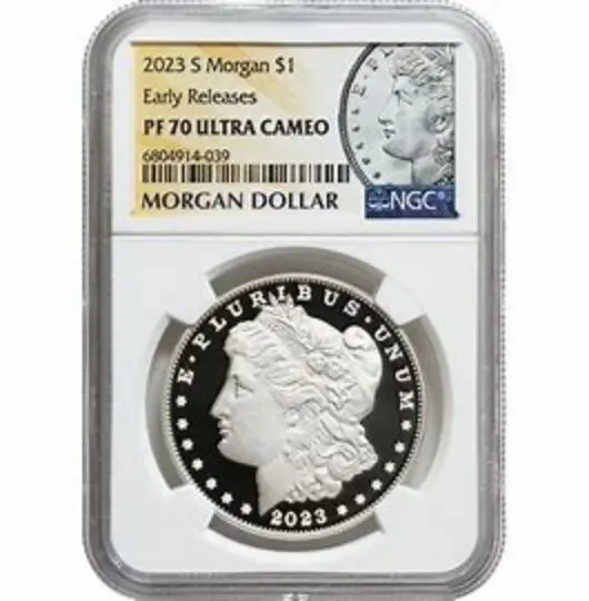 2023 Morgan silver dollar in graded case.