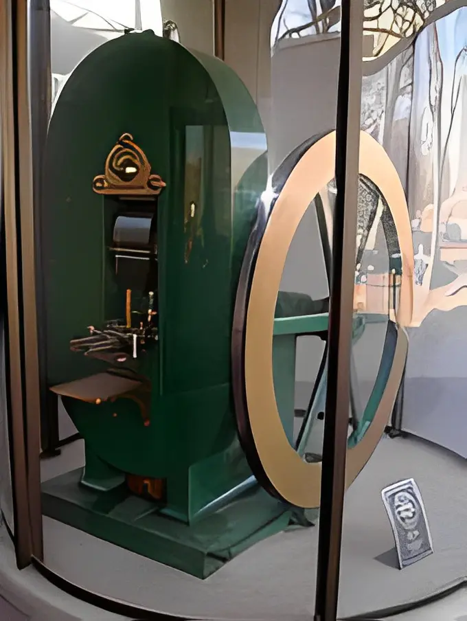 Green vintage machine in glass display case.