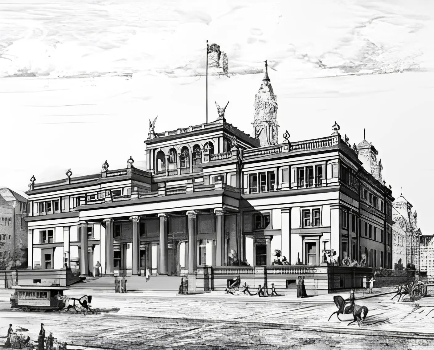 Historic building with horse-drawn carriages illustration.