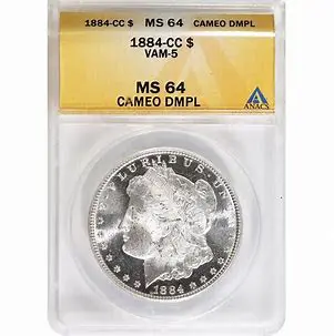 1884-CC silver dollar coin in case.
