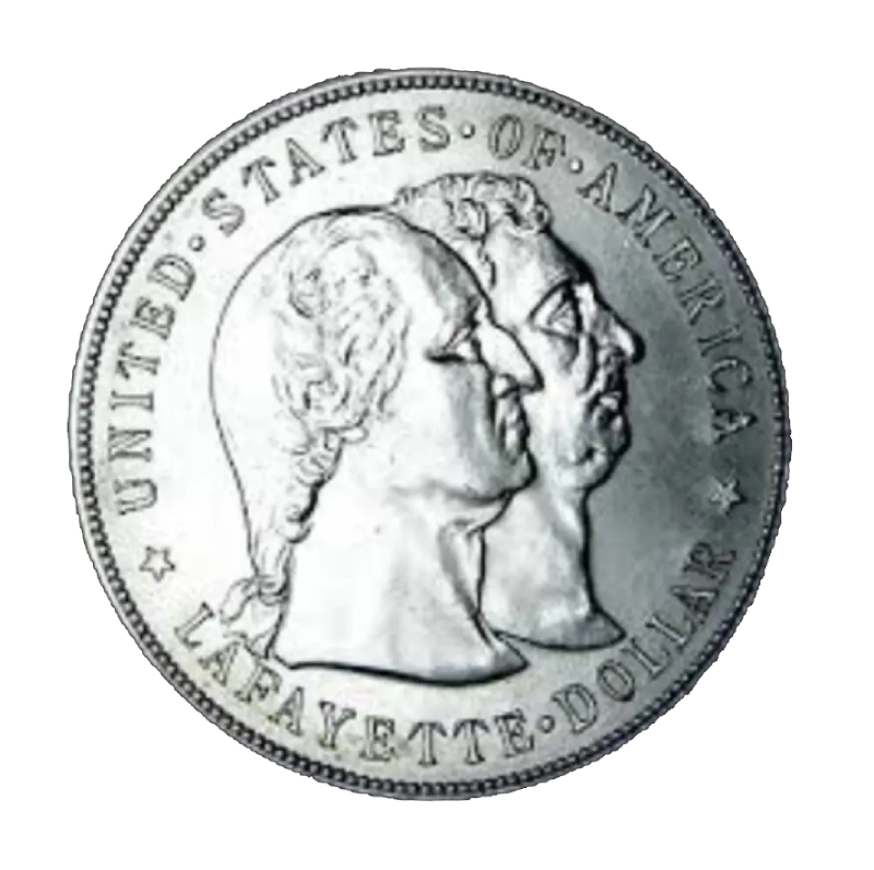 A silver coin featuring dual-profile busts and the inscription 'United States of America'.