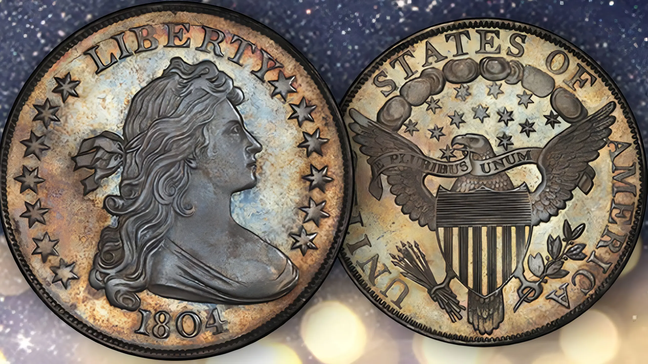 Two sides of a 1804 silver dollar coin, showing Liberty and an eagle.