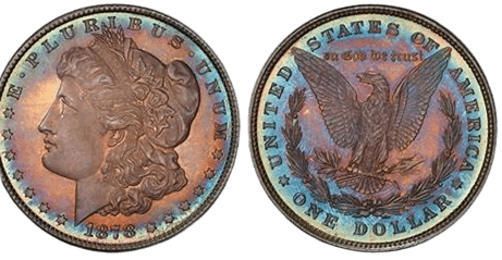 Two old US Morgan silver dollars showing obverse and reverse sides.