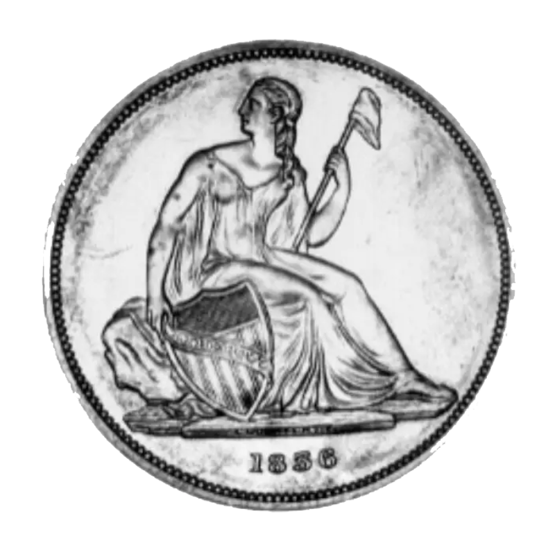 A 2002 quarter coin showing a seated figure.