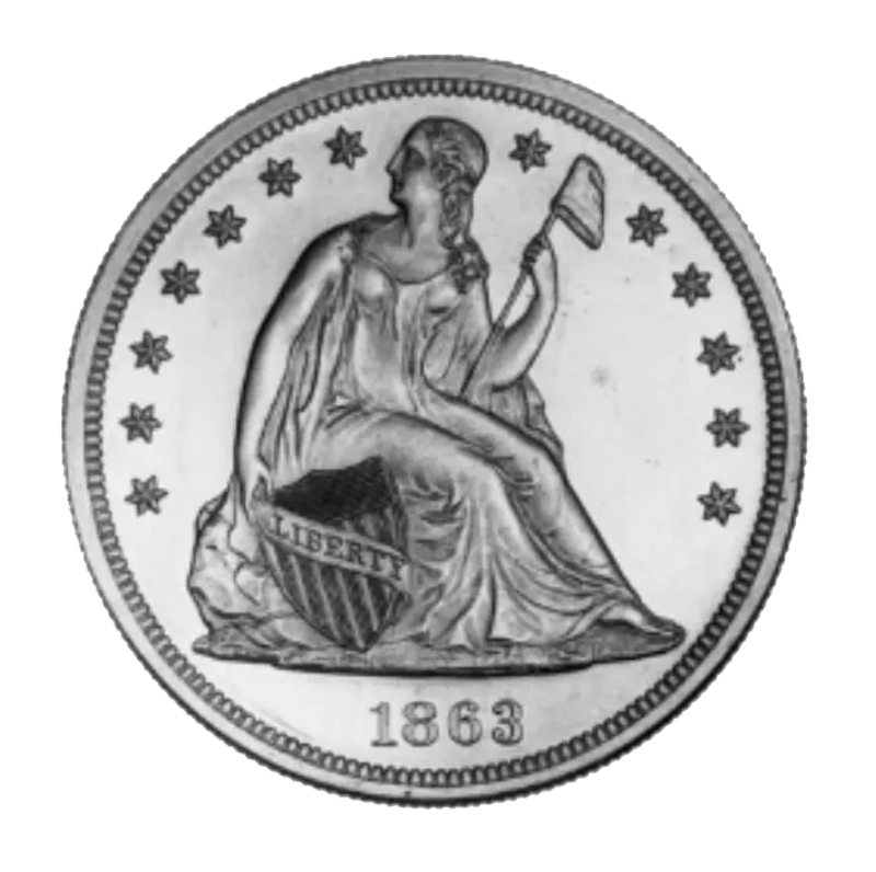 An 1883 seated Liberty silver coin with stars around the edge.