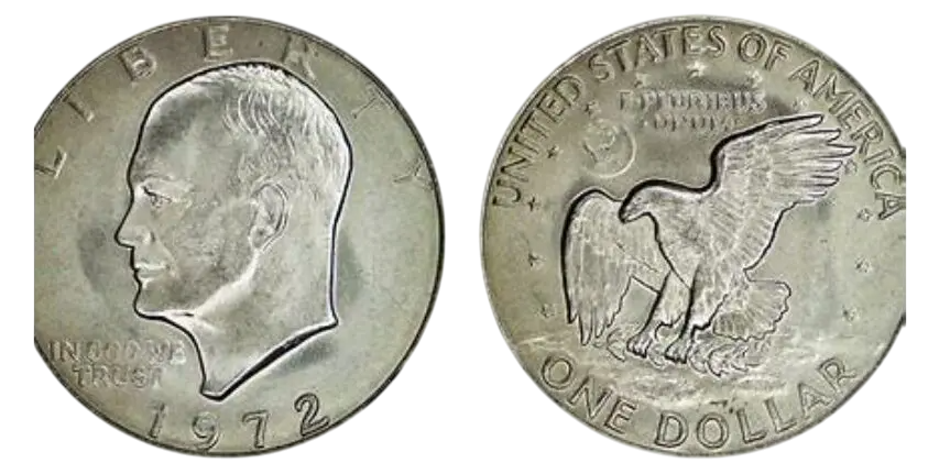 Front and back of a 1972 US Eisenhower dollar coin.