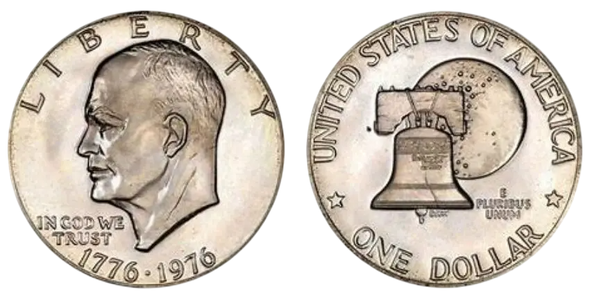 1976 US Bicentennial silver dollar coin with Eisenhower and Liberty Bell.