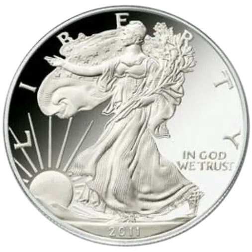 A silver coin featuring Lady Liberty with flowing robes and sun rays.