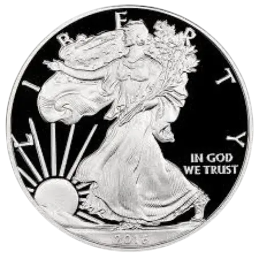 A silver coin featuring Lady Liberty with the sun rising.