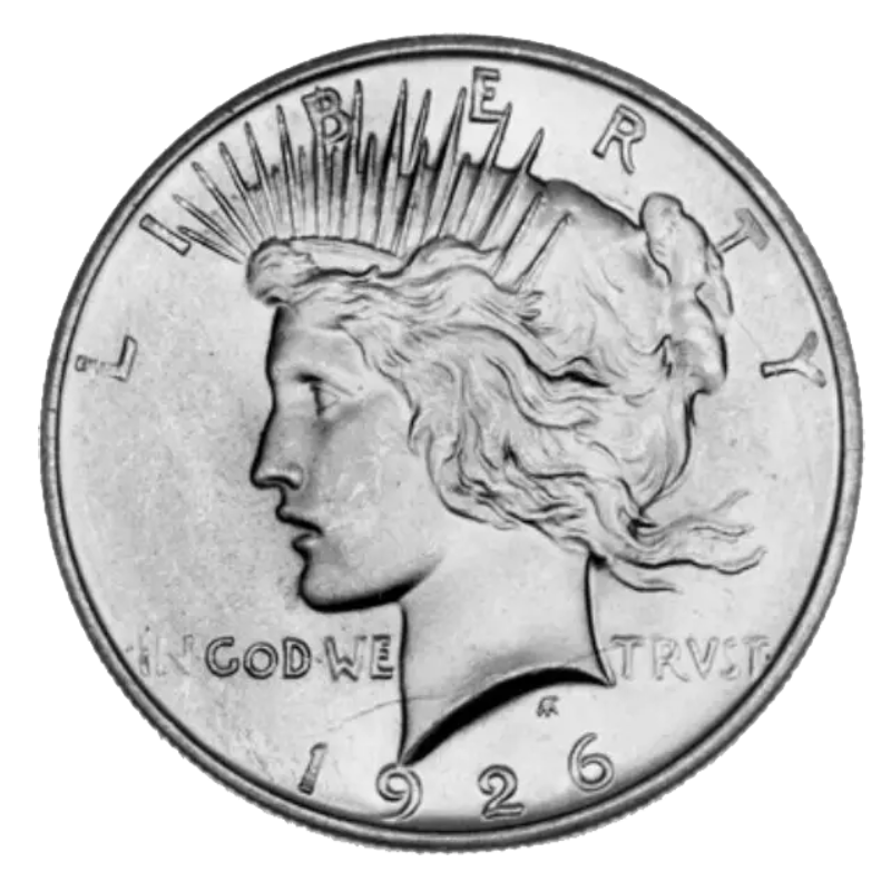 A 1926 Peace silver dollar coin showing Lady Liberty.