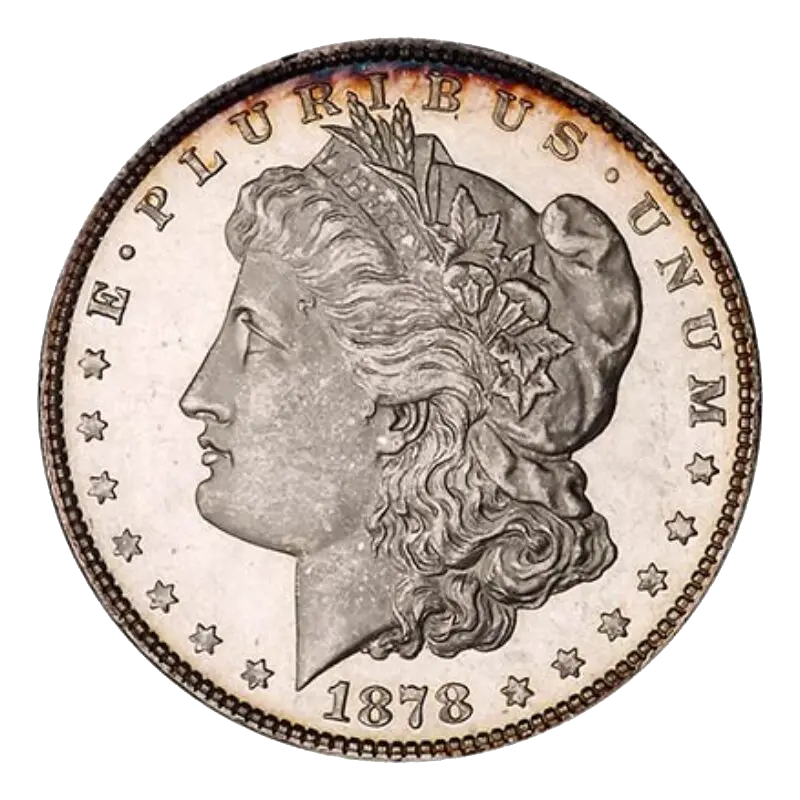 A 1878 Morgan silver dollar coin showing Lady Liberty profile.