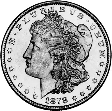 A 1876 Morgan silver dollar coin showing Lady Liberty's profile.