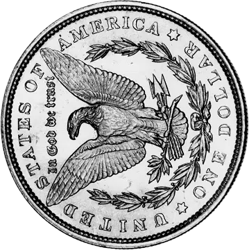 The reverse of a silver dollar featuring an eagle and wreath.