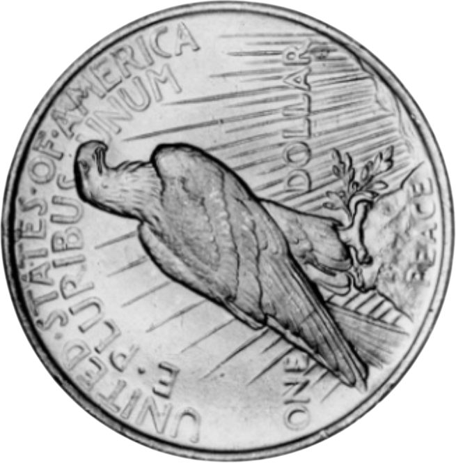 A silver coin featuring a muscular bird flexing its arm.