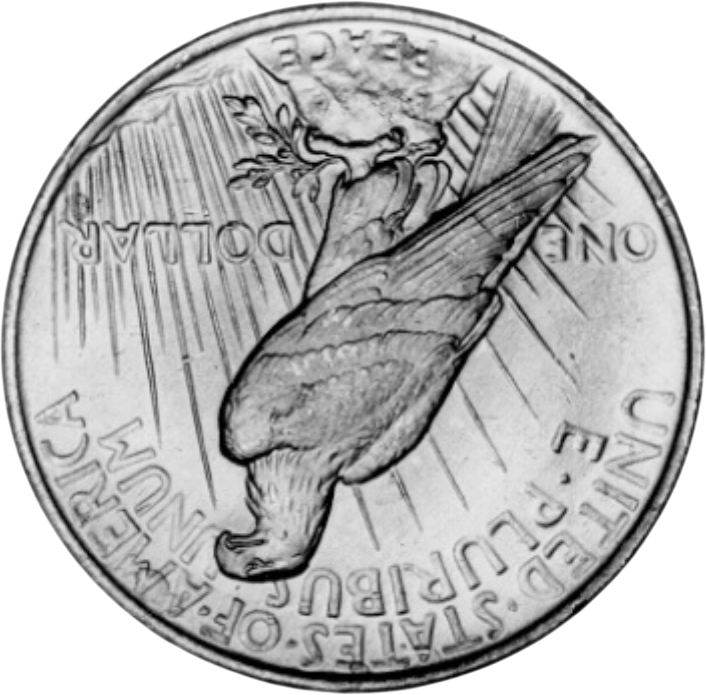 A detailed coin featuring a bird in flight against a radiating background.