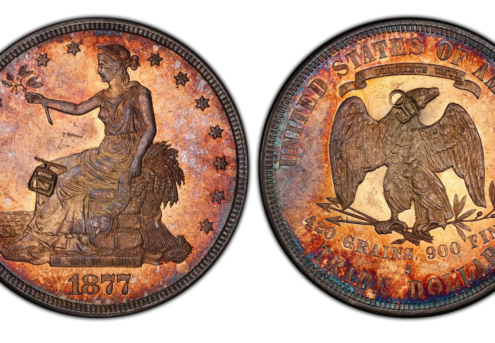 Obverse and reverse of an 1877 Seated Liberty quarter with vibrant toning.