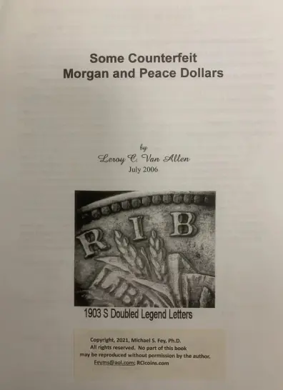 Black and white image showing counterfeit Morgan and Peace dollars.