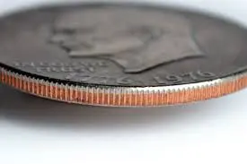 Close-up of coin edge with reeded rim