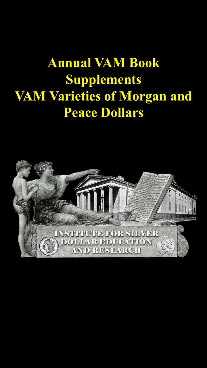 A coin display showing varieties of Morgan and Peace Dollars with classical imagery.