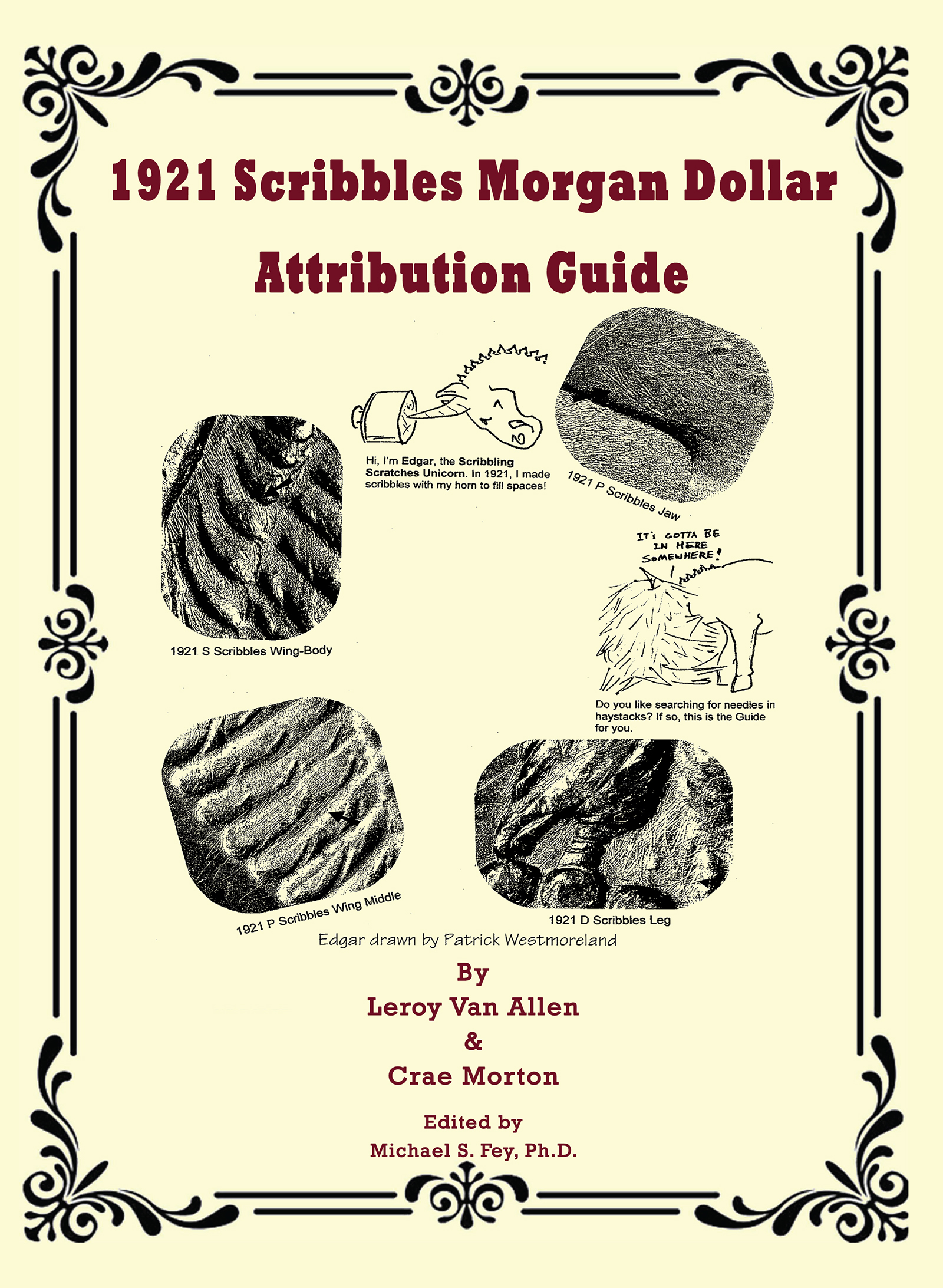 Images of prehistoric fossil imprints and sketches from 1921 Scribbles Morgan Dollar guide.