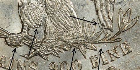Coin with detailed engravings and arrows pointing.