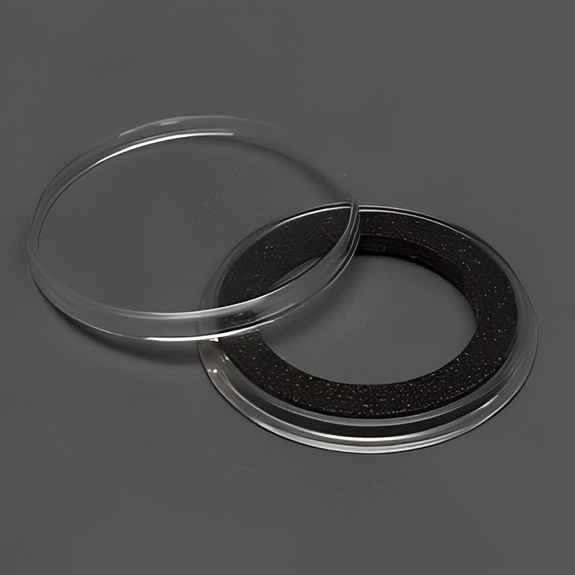 Clear lid with foam ring on gray background.