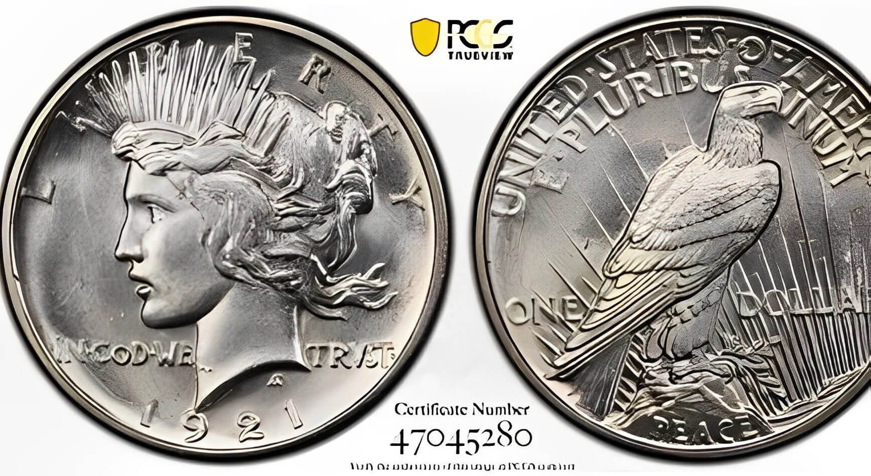 1921 Peace Silver Dollar coins, obverse and reverse.