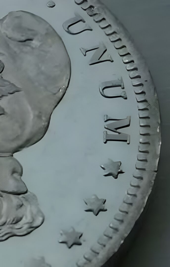 Close-up of a vintage coin edge, stars.