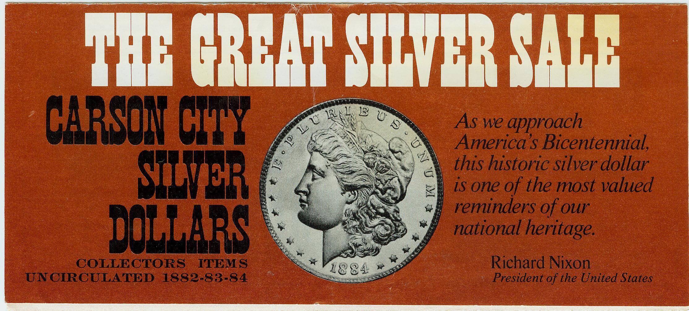 Silver dollar sale advertisement with coin image.
