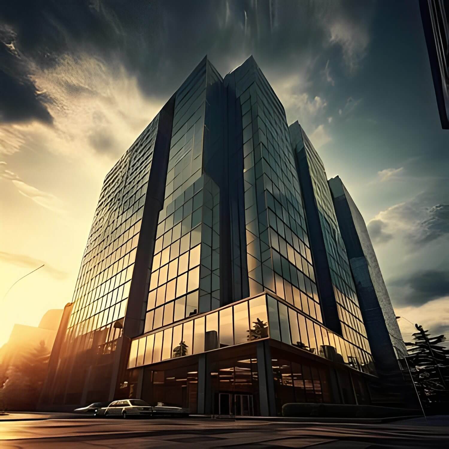 Modern skyscraper with reflective glass at sunset.
