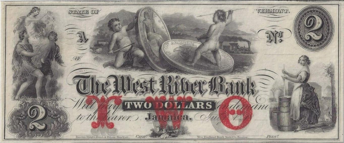 Vintage two-dollar banknote with decorative illustrations.