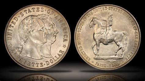 Two sides of a Lafayette dollar coin.