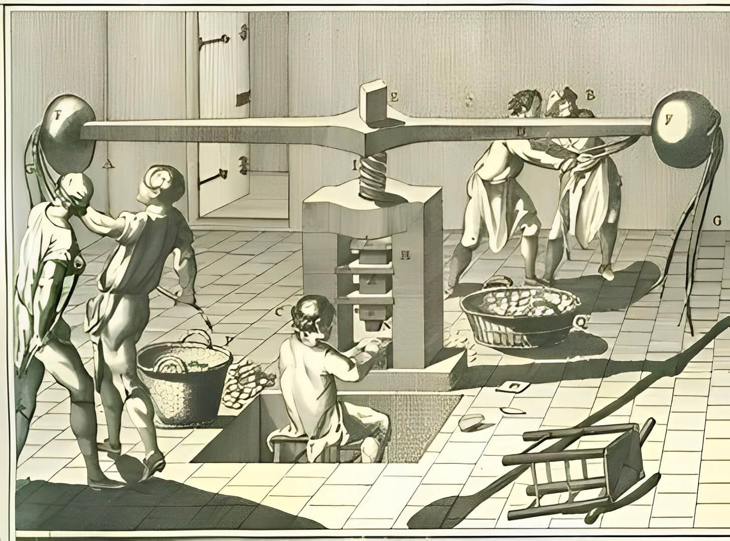 Historical illustration of a large wine press.