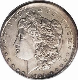 1894 Morgan silver dollar coin, detailed engraving.