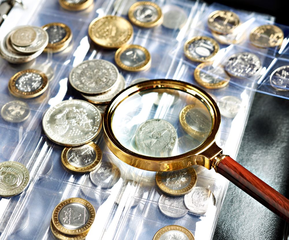 Magnifying glass examining various coins collection.