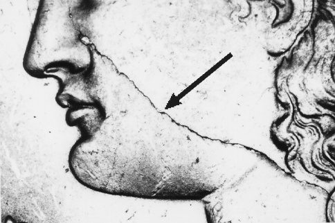 Profile of ancient coin with arrow mark.