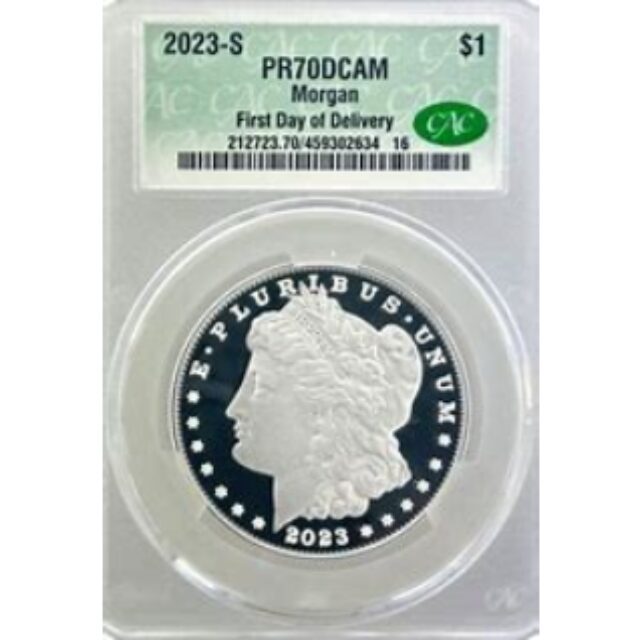 2023 Morgan silver dollar coin, graded PR70DCAM.