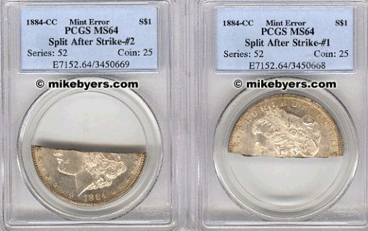 Two mint error coins in holders.