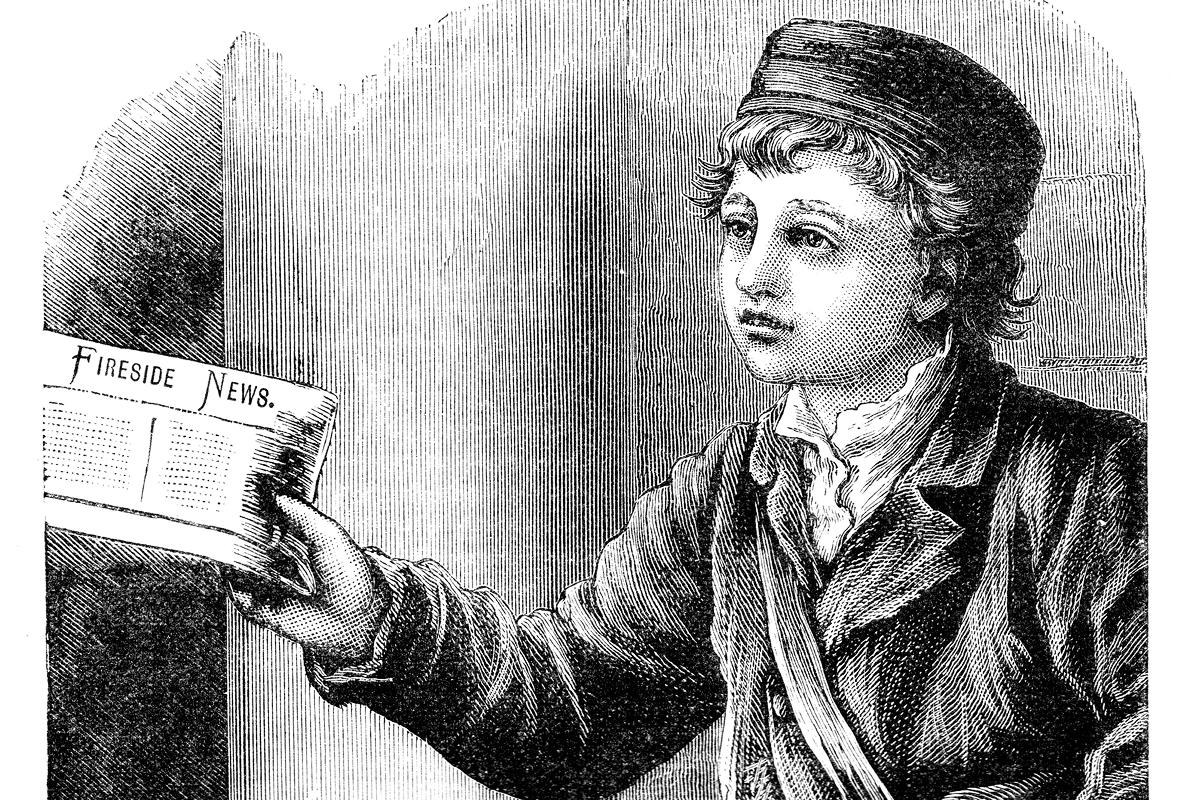 Young boy offering a newspaper, vintage illustration.